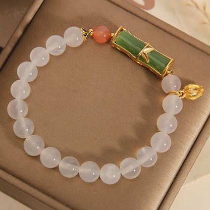 White agate and jade bamboo beaded bracelet for women with Chinese retro style.