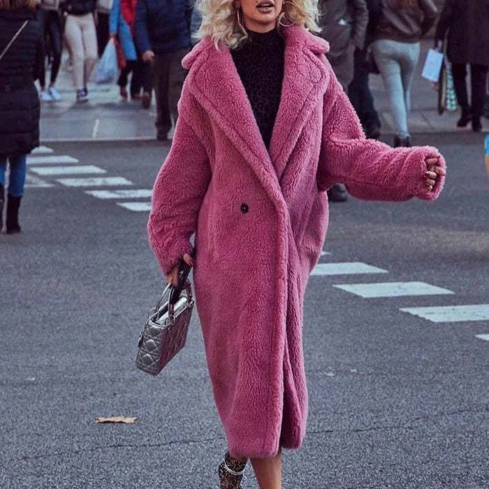 Stylish women's winter faux fur coat with pockets in various colors