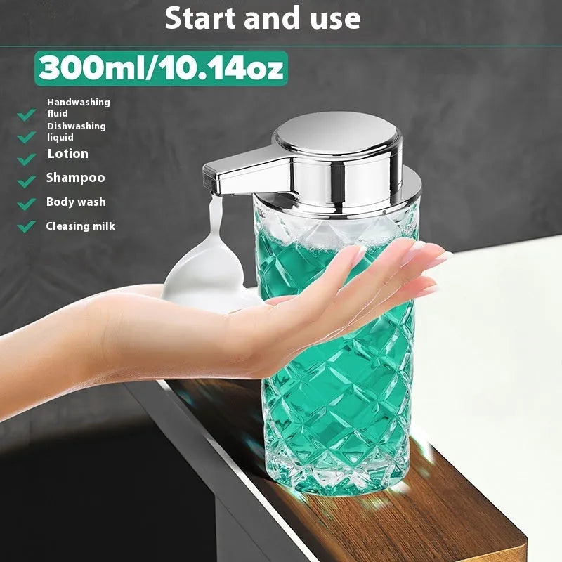 Automatic soap dispenser with silver finish and Type-C charging port showing infrared sensor beneath nozzle