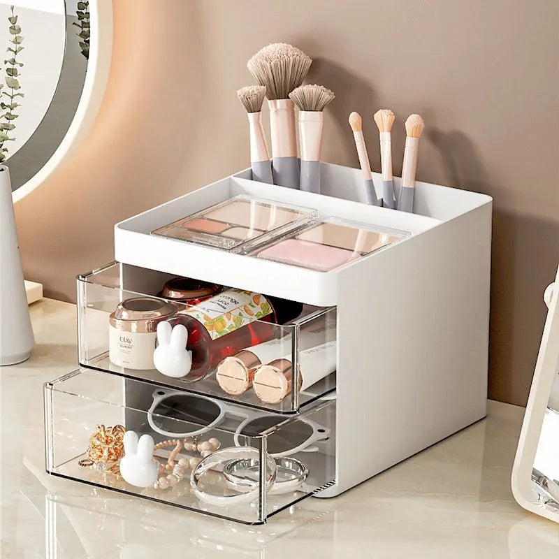 Transparent partitioned desktop storage box with drawer design for organising cosmetics and stationery