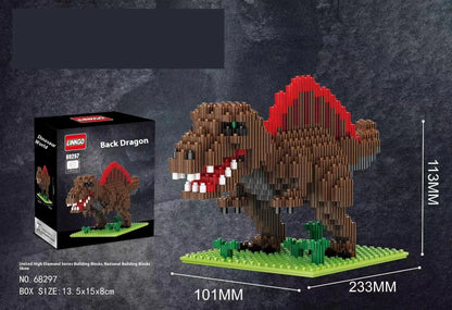 Dinosaur model assembly kit with small diamond plastic particles and colour box, available in 528 to 676 piece counts
