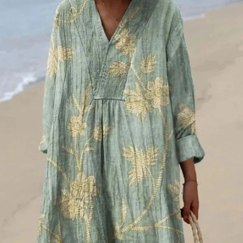 Casual Floral 3D Printed Sleeve Shirt Dress with long skirt length and wide waist design, available in sizes S to 5XL for versatile fit options in Japanese and Korean casual style.
