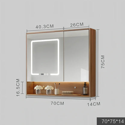 Wall-mounted bathroom mirror cabinet with LED lights and anti-fog technology in solid wood construction