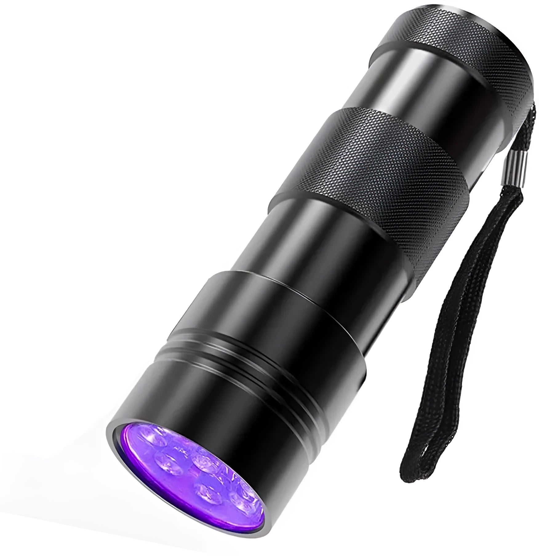 Black and silver handheld UV LED flashlight for detecting stains and insects.