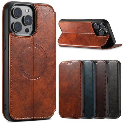 Magnetic leather iPhone case with bracket and card slot, PU TPU, Black Blue Brown Khaki, for iPhone 12 to 15 Pro Max