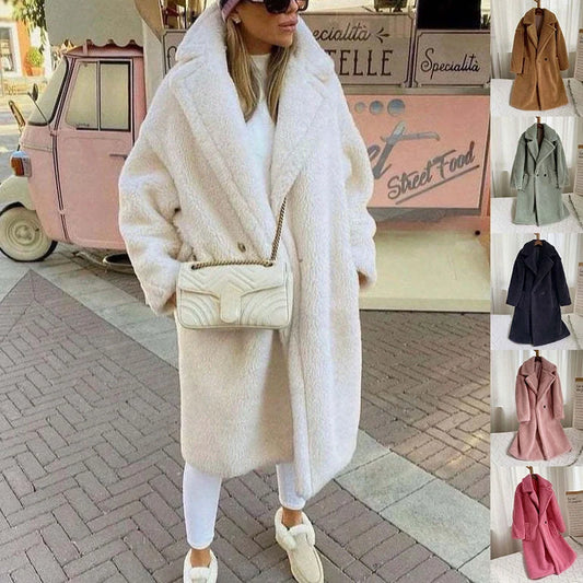 Stylish women's winter faux fur coat with pockets in various colors