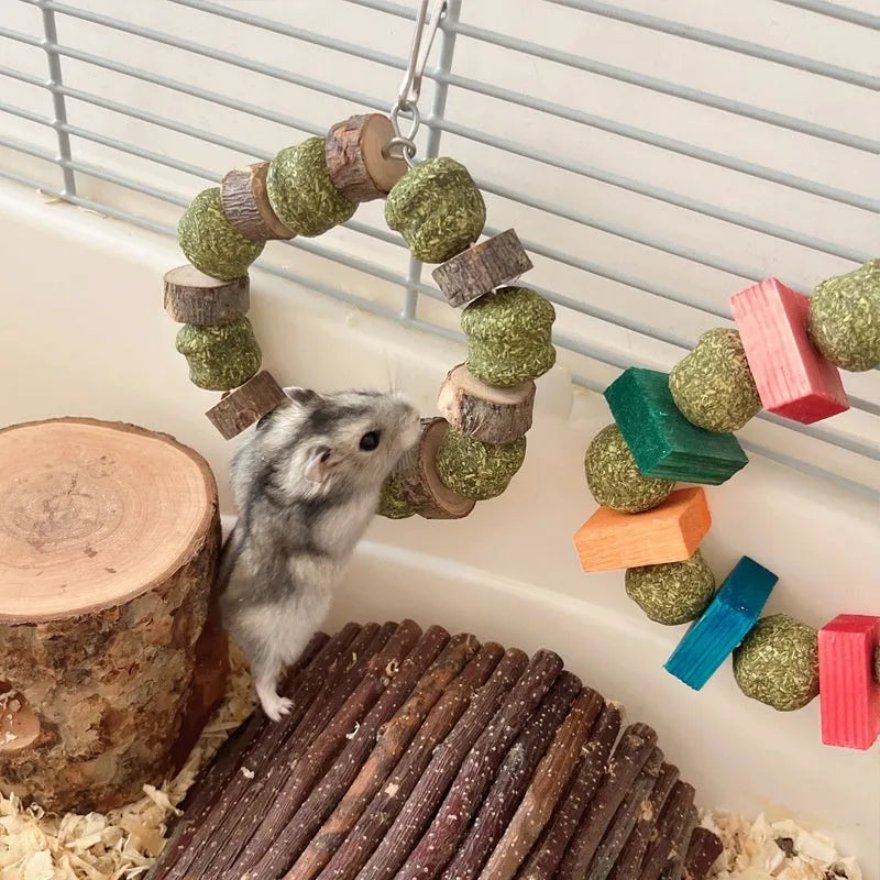 Applewood hamster chewing toy with straw ball ring for small pet dental enrichment