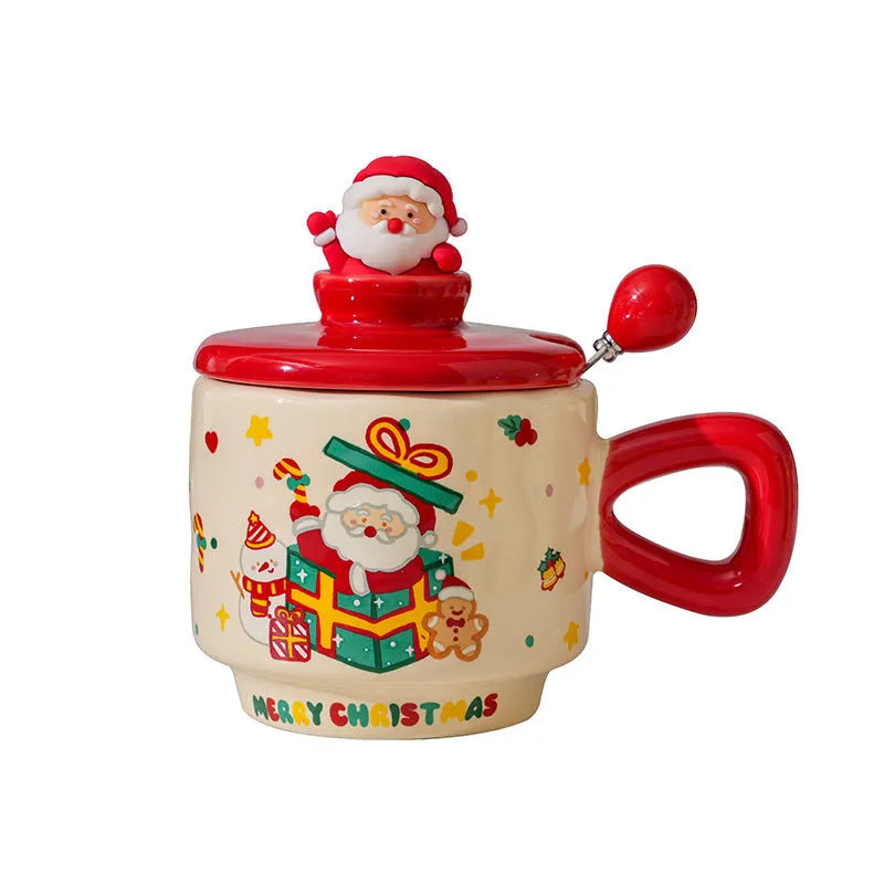 Christmas ceramic cup with lid, 8cm height, 9cm caliber, 301-400ml, round single-layer cartoon festive design