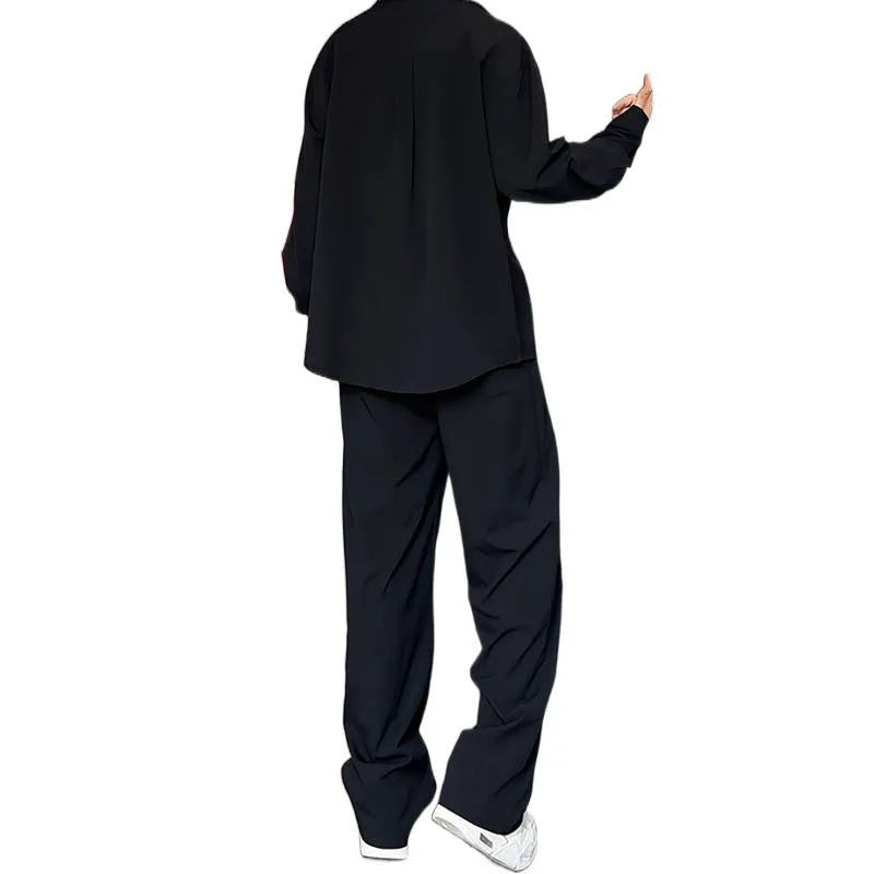 Men's two-piece casual suit with long sleeve polo shirt and trousers in elastic hemp fabric