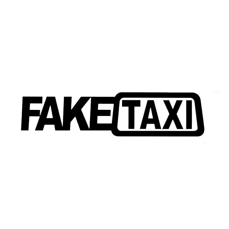 Waterproof FAKE TAXI car sticker in black, 20cm by 8cm, on a vehicle window.