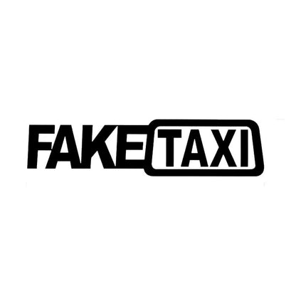 Waterproof FAKE TAXI car sticker in black, 20cm by 8cm, on a vehicle window.