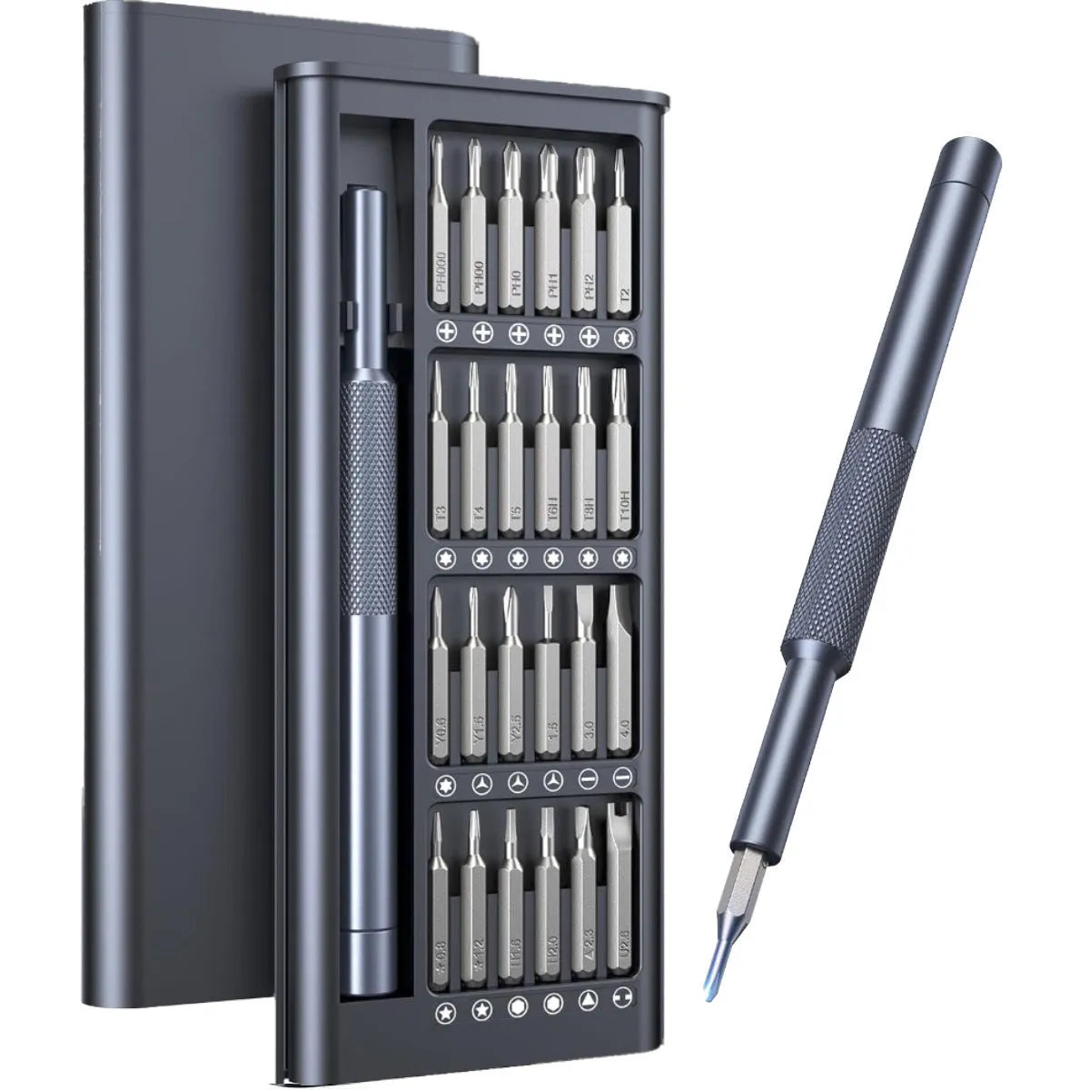 25-in-one screwdriver set with magnetic bits and knurled handle, 110mm long, for household repairs