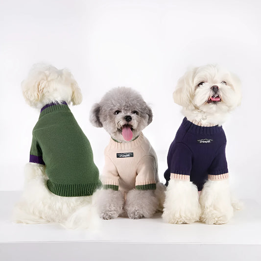 British style wool pet sweater with contrast colour legs for dogs and cats in Crown Blue, Flower Green Yellow, and Yellow Apricot