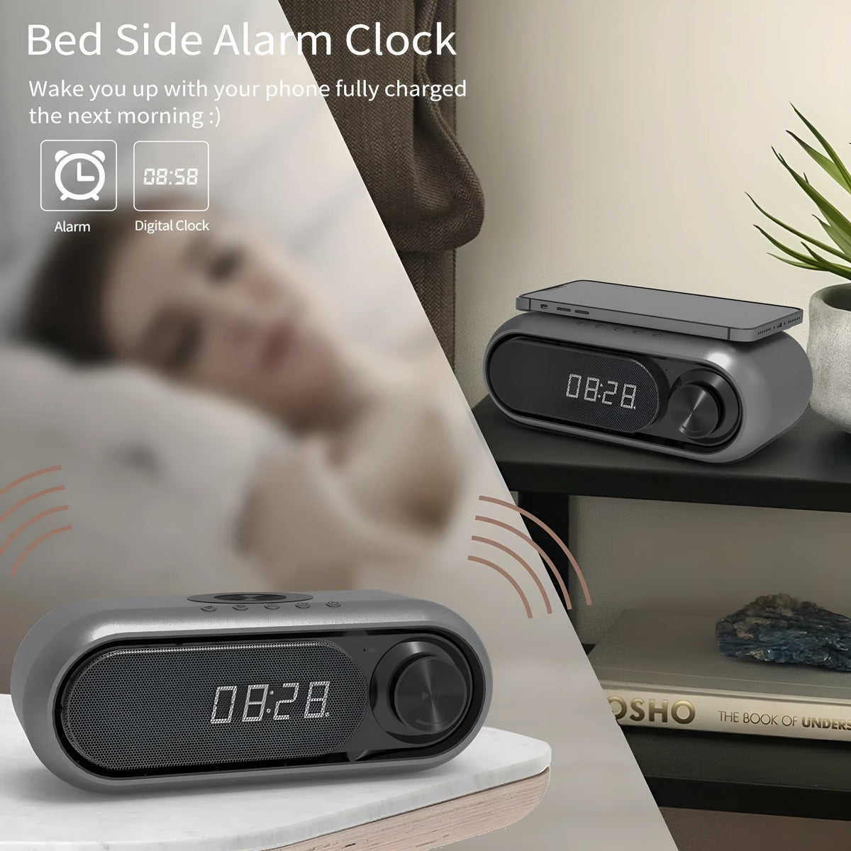 Space grey wireless charging bedside alarm clock with Bluetooth speaker and FM radio