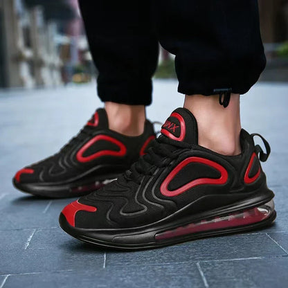 Comfortable air cushion sneakers for stylish men in various black, red, and white color options