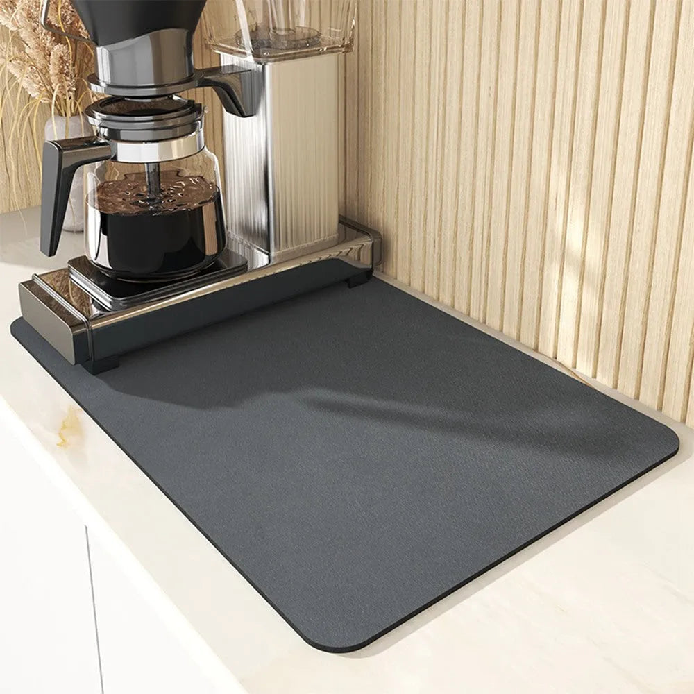 Black square kitchen drain pad with PU leather surface and rubber anti-slip backing