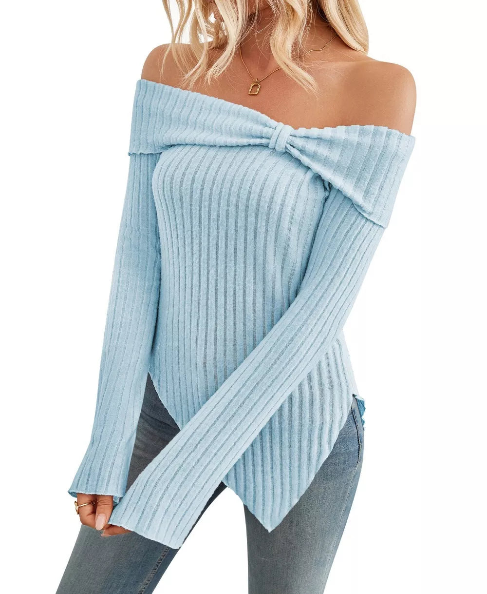 Women's ribbed knit one shoulder sweater with bow tie detail in various colors