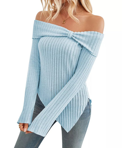 Women's ribbed knit one shoulder sweater with bow tie detail in various colors