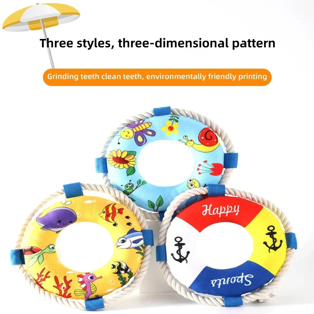 25cm diameter dog pull ring chew toy with squeaker in blue, red or yellow designs