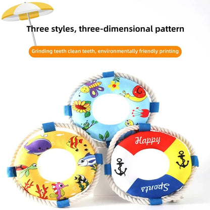 25cm diameter dog pull ring chew toy with squeaker in blue, red or yellow designs