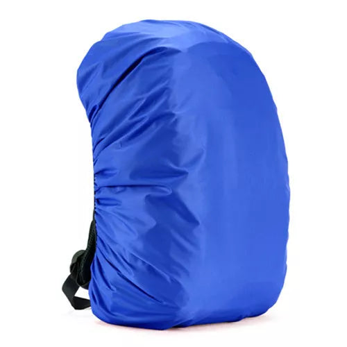 Waterproof backpack cover in various colors, showing elastic edge and compact fold