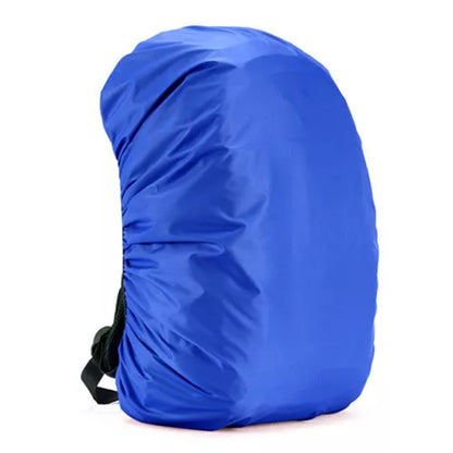Waterproof backpack cover in various colors, showing elastic edge and compact fold