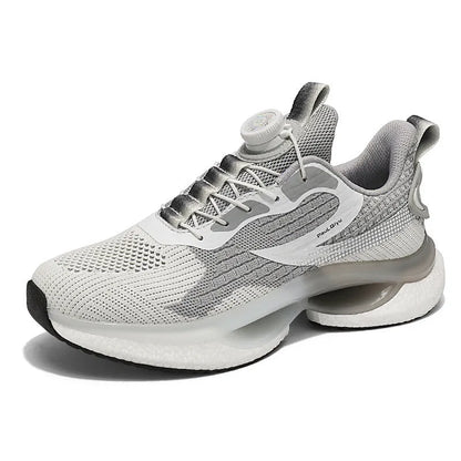 Men's low-top white running shoe with a rotating buckle closure and mesh upper.