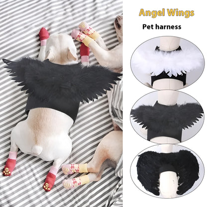 Black and white angel wings costume for dog or cat, made of felt fabric.
