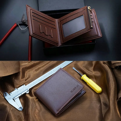 Men's brown leather wallet with a zip closure, presented in individual packaging.