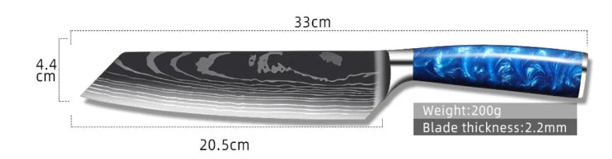 8-inch Chef Knife with vibrant blue resin handle, perfect for precision cutting in the kitchen.