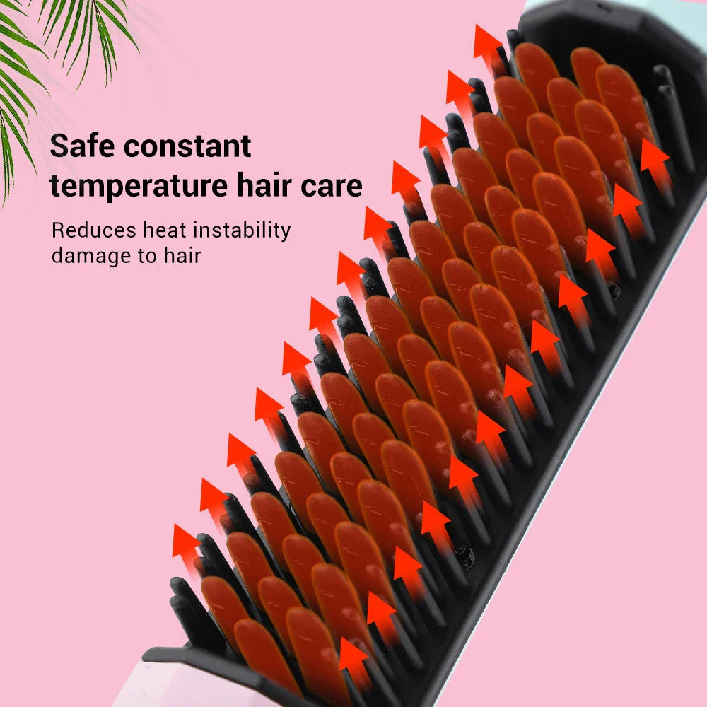 Cordless hair straightening brush with adjustable temperature settings, anti-scalding design, and high-capacity rechargeable battery for convenient, salon-quality styling.