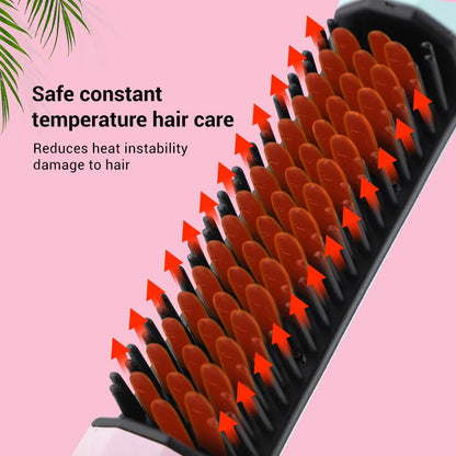 Cordless hair straightening brush with adjustable temperature settings, anti-scalding design, and high-capacity rechargeable battery for convenient, salon-quality styling.