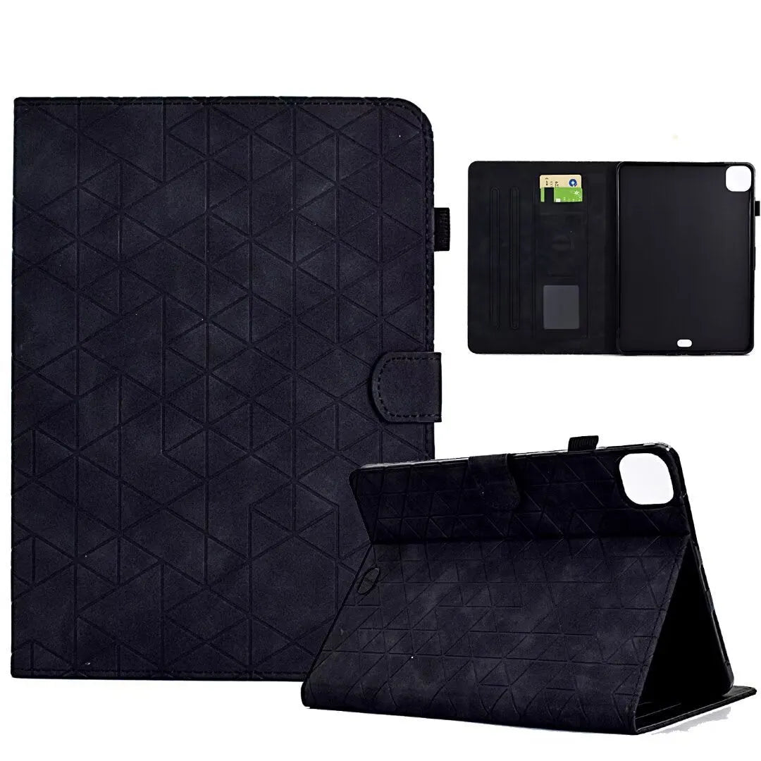 Diamond frosted leather iPad Pro 11 case with built-in card holder slots shown open.
