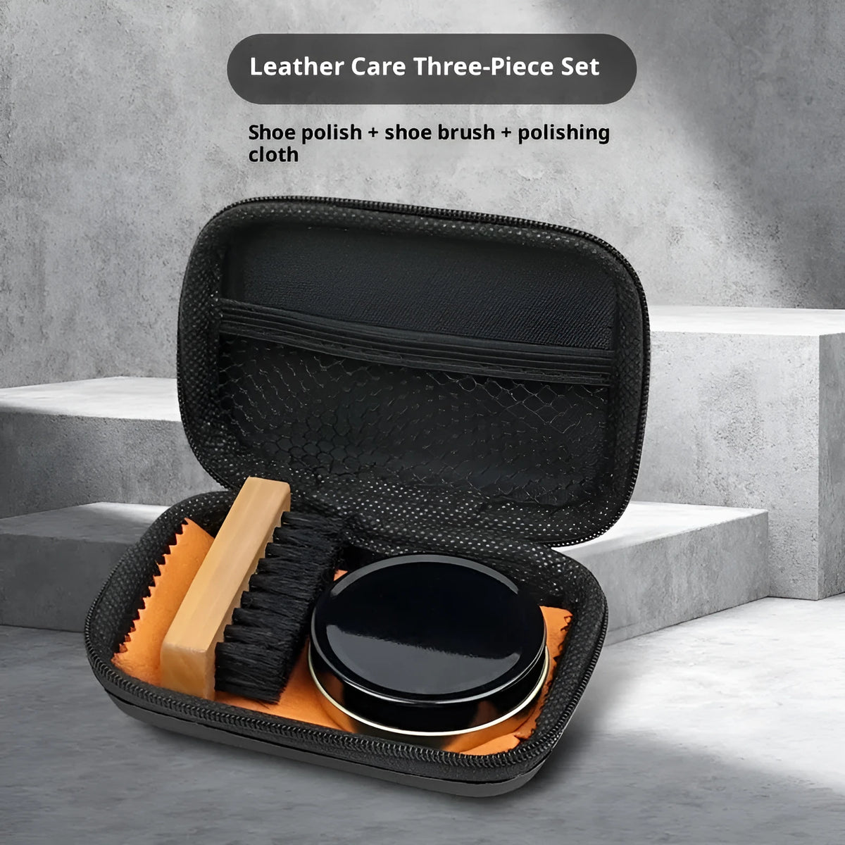 Leather shoes care cleaning set with black or colourless maintenance oil and shoe brush, modern simplicity style