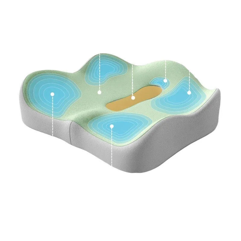 Memory foam seat cushion with contoured shape for lower back support, measuring 40cm x 40cm
