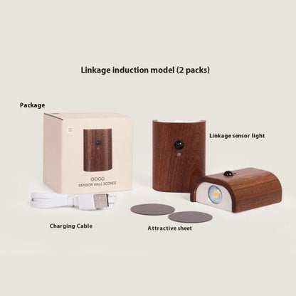 Solid wood pattern human body induction LED light, 73x56x28mm, in Sapele or Beech with warm white output
