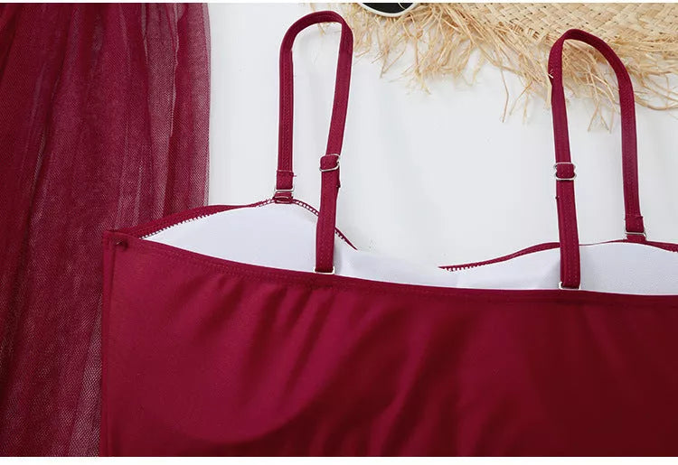 Plus size bikini split swimsuit with gauze skirt in black, wine red, blue, orange, or silver green