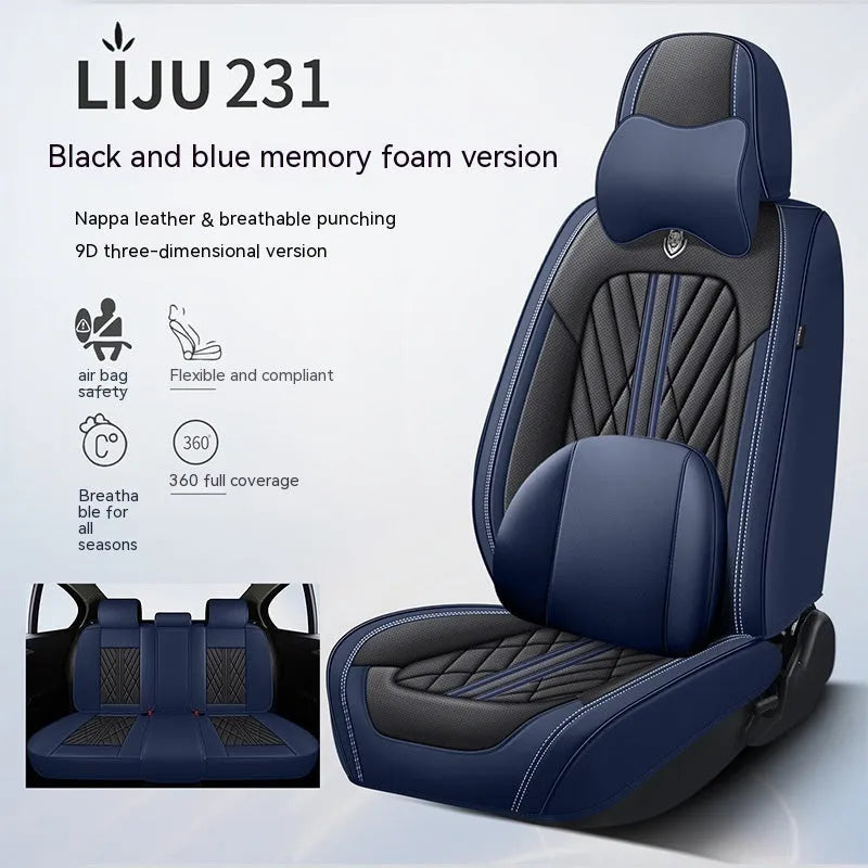 Five-seat car seat cushion leather hemmed with synthetic fibre filling in 16 colour combinations including beige black, beige blue, black grey stripe, mysterious black and four-season universal design