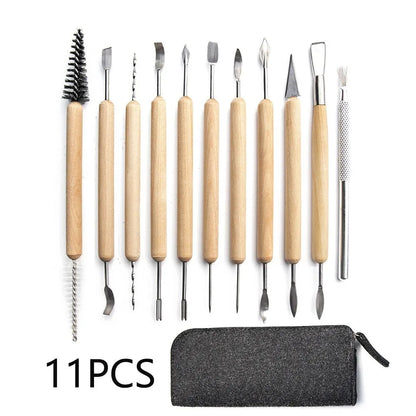 11-piece pottery clay tool set with wooden and stainless steel tools on a table.