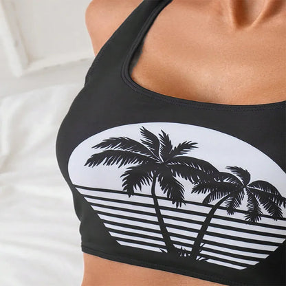Women's coconut print bikini swimsuit with lace-up design in polyester fabric for swimming and sports