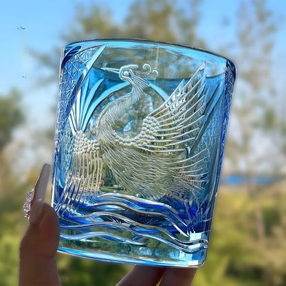 Sky blue hand carved crane water whiskey shot glass, crystal glass, 90 x 100mm, 301-400ml capacity