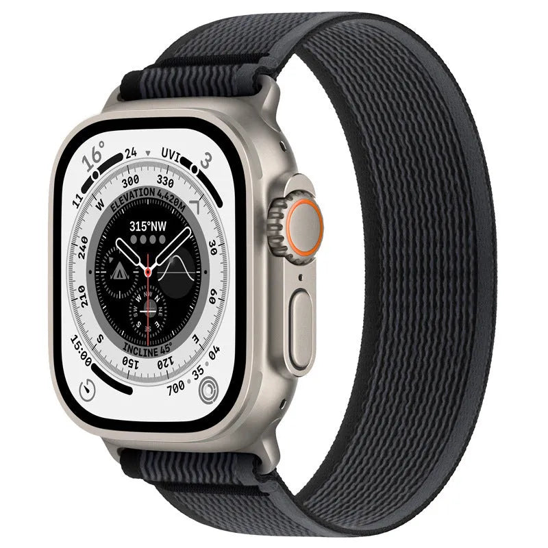 Nylon Apple Watch strap with single-ring closure in black and grey colour combination.