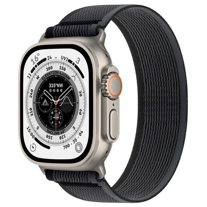 Nylon Apple Watch strap with single-ring closure in black and grey colour combination.