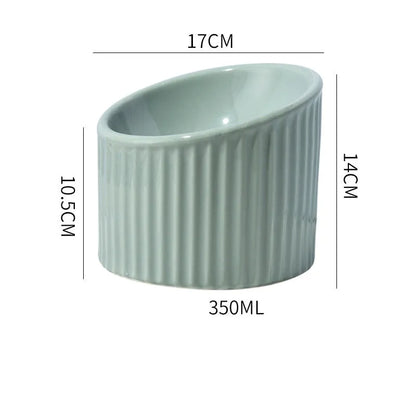 Ceramic raised cat bowl in light green, showing elevated tilted design for pet feeding.