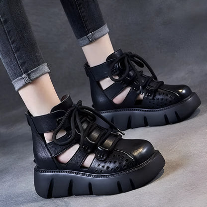 Women's platform sandals with hollow hole design in cowhide leather and fish mouth toe shape