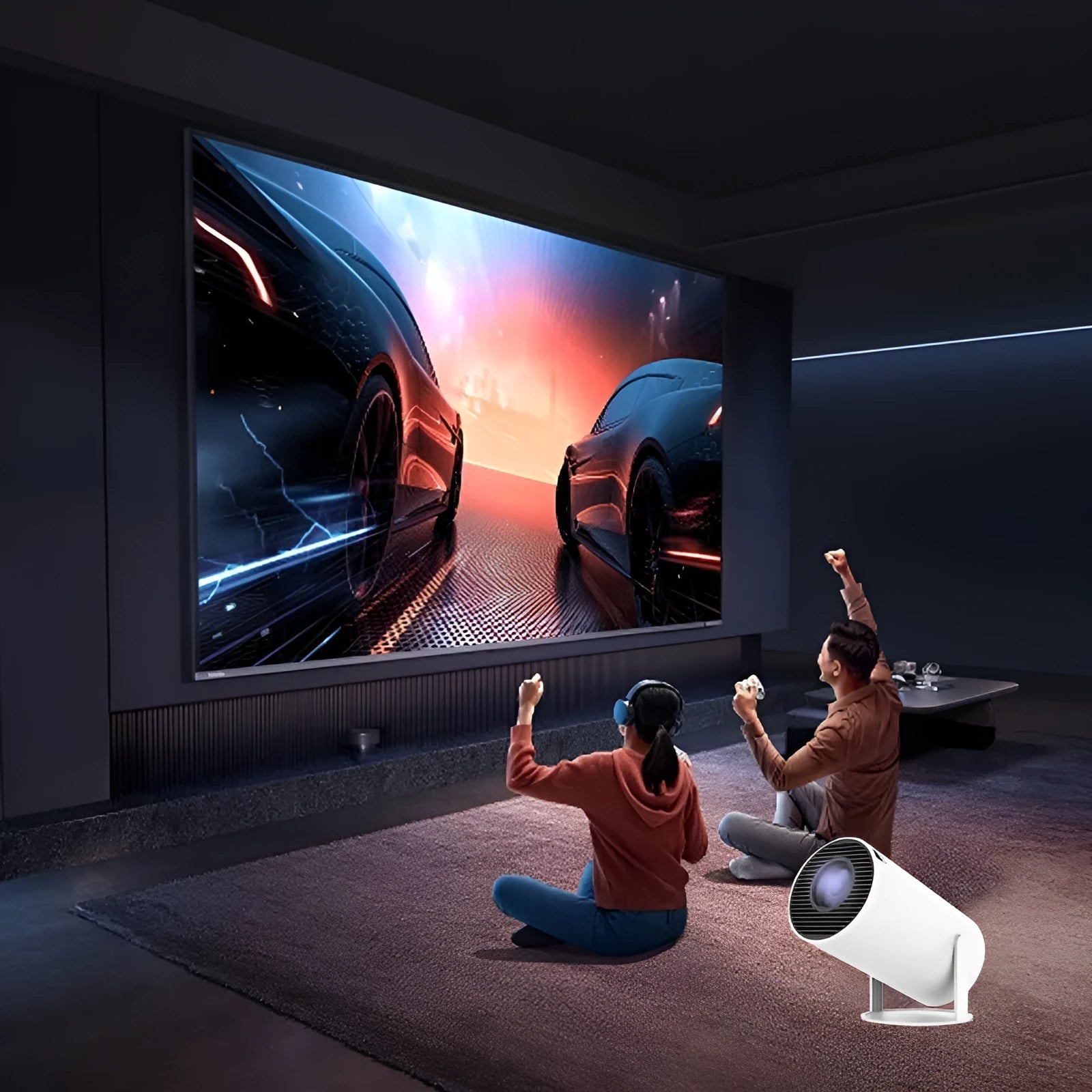 White Barrel X10 PLUS portable smart projector with gamepad and remote control on a table