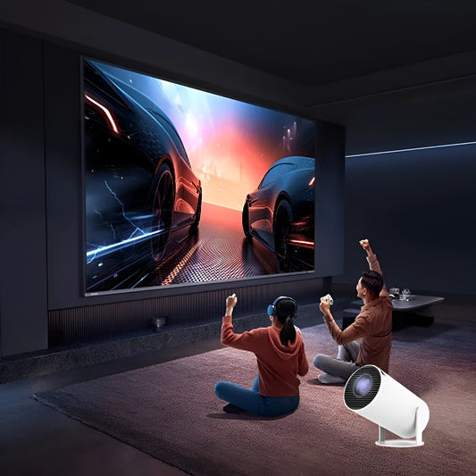 White Barrel X10 PLUS portable smart projector with gamepad and remote control on a table