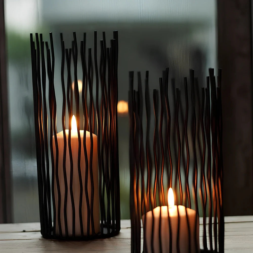 Black wrought iron geometric candle holder with manual craftsmanship and three size options