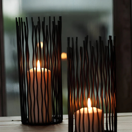 Black wrought iron geometric candle holder with manual craftsmanship and three size options