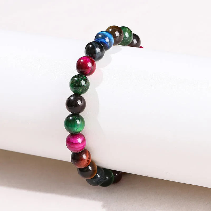 Women's tiger eye bracelet, 6mm 8mm 10mm 12mm bead sizes, natural colourful gemstone, geometric round beads, mixed string design, handmade jewellery gift